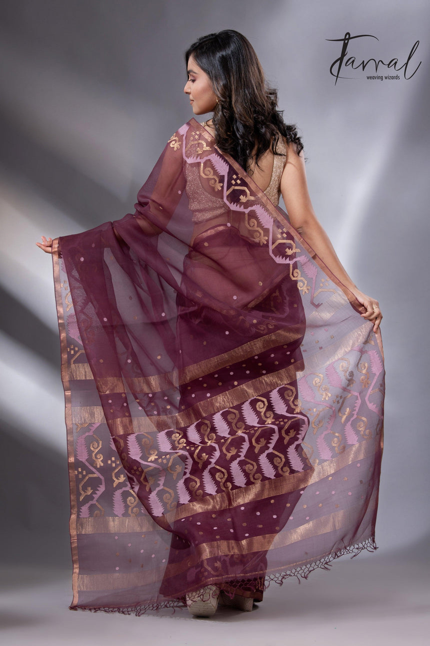 Chocolate brown with zari border traditional handwoven jamdani in muslin silk - Tamal Boutique