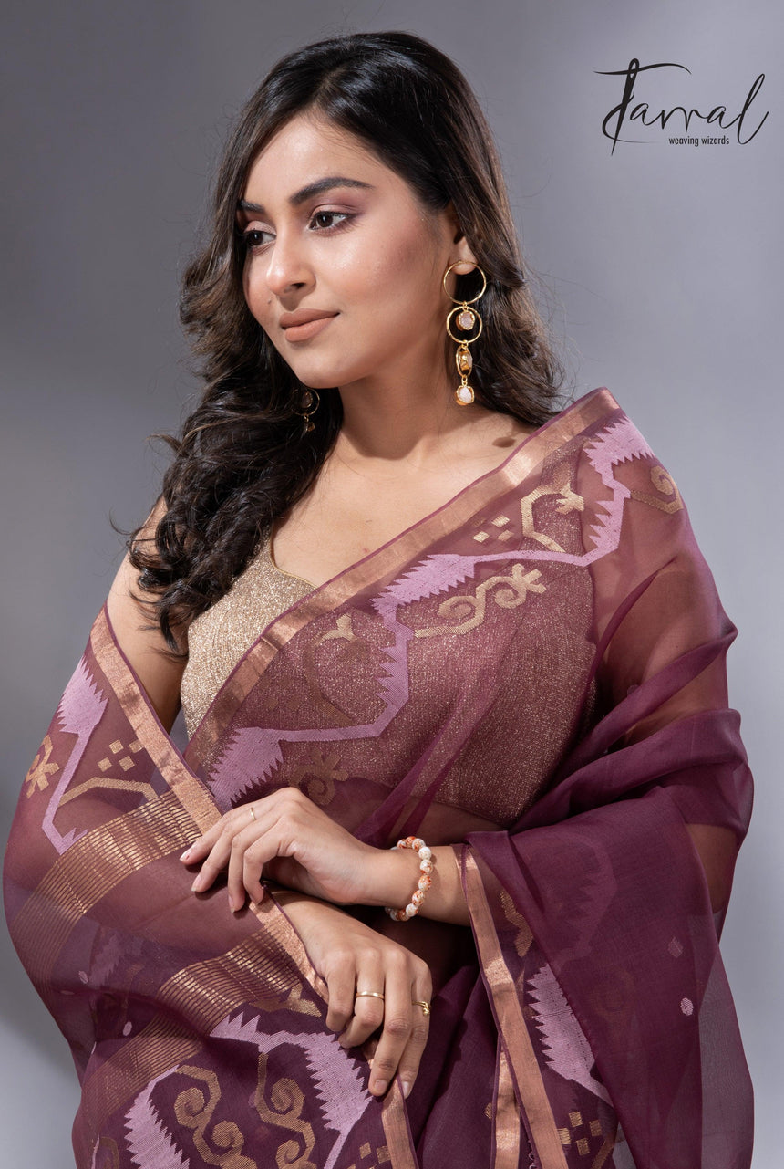 Chocolate brown with zari border traditional handwoven jamdani in muslin silk - Tamal Boutique