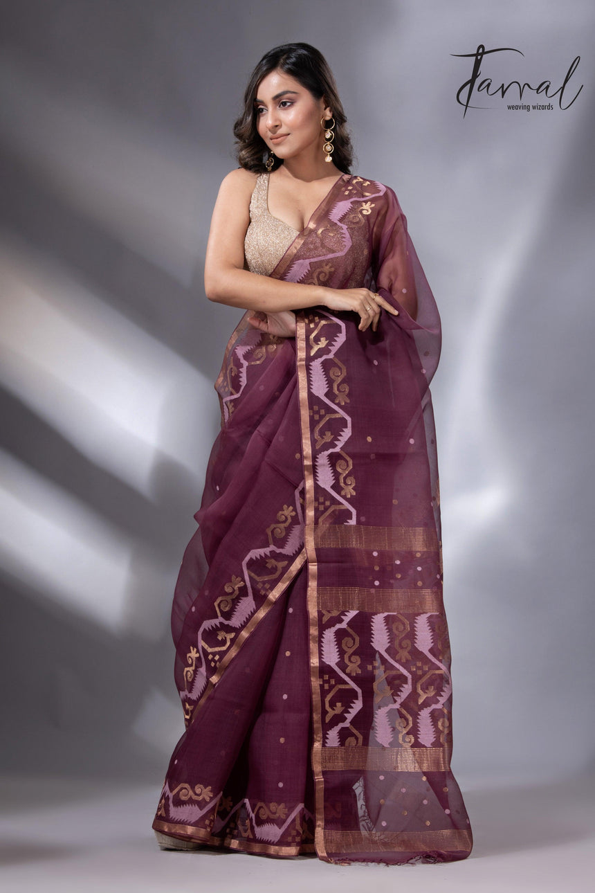 Chocolate brown with zari border traditional handwoven jamdani in muslin silk - Tamal Boutique