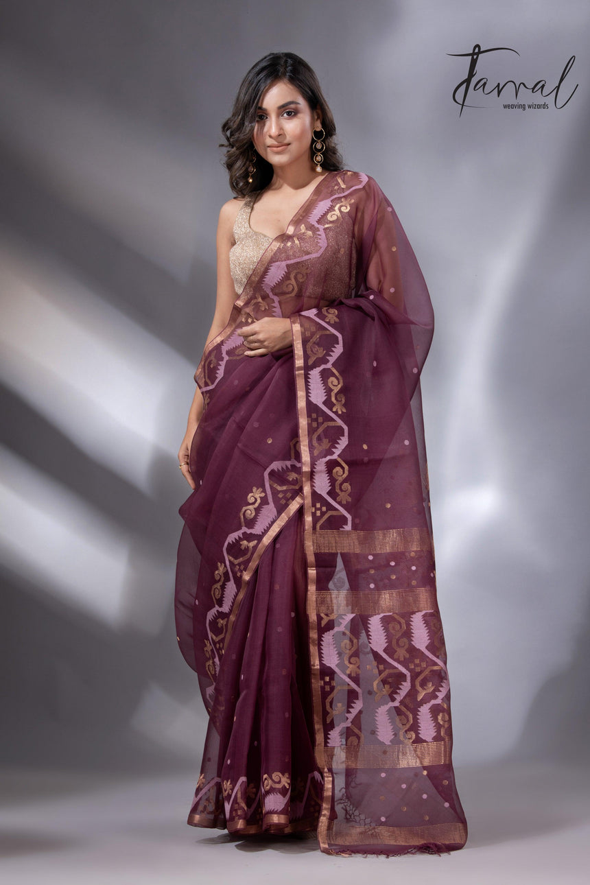 Chocolate brown with zari border traditional handwoven jamdani in muslin silk - Tamal Boutique