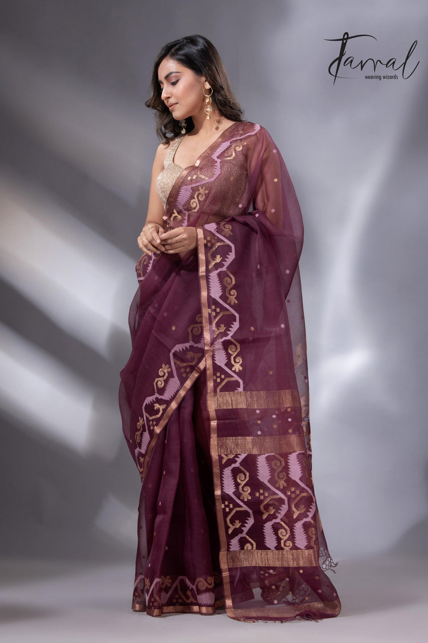 Chocolate brown with zari border traditional handwoven jamdani in muslin silk - Tamal Boutique