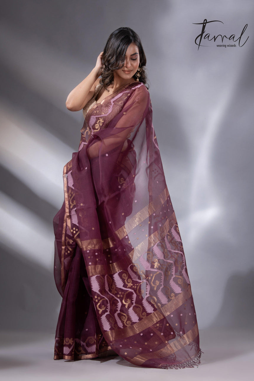 Chocolate brown with zari border traditional handwoven jamdani in muslin silk - Tamal Boutique