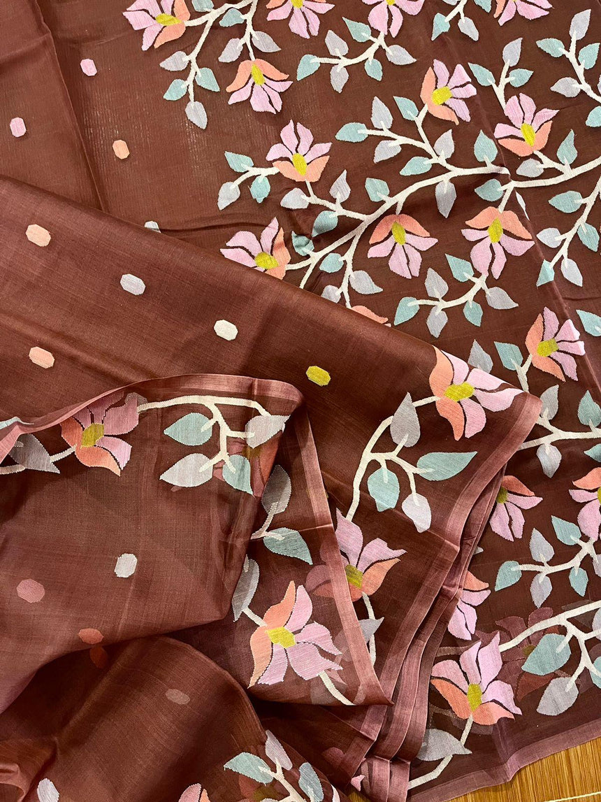 Chocolate brown with multi colour floral lata handwoven jamdani saree - Tamal Boutique
