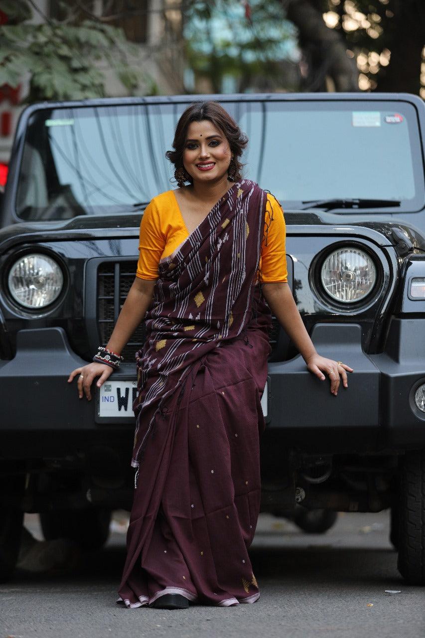 Chocolate color diamond design cotton handwoven jamdani saree