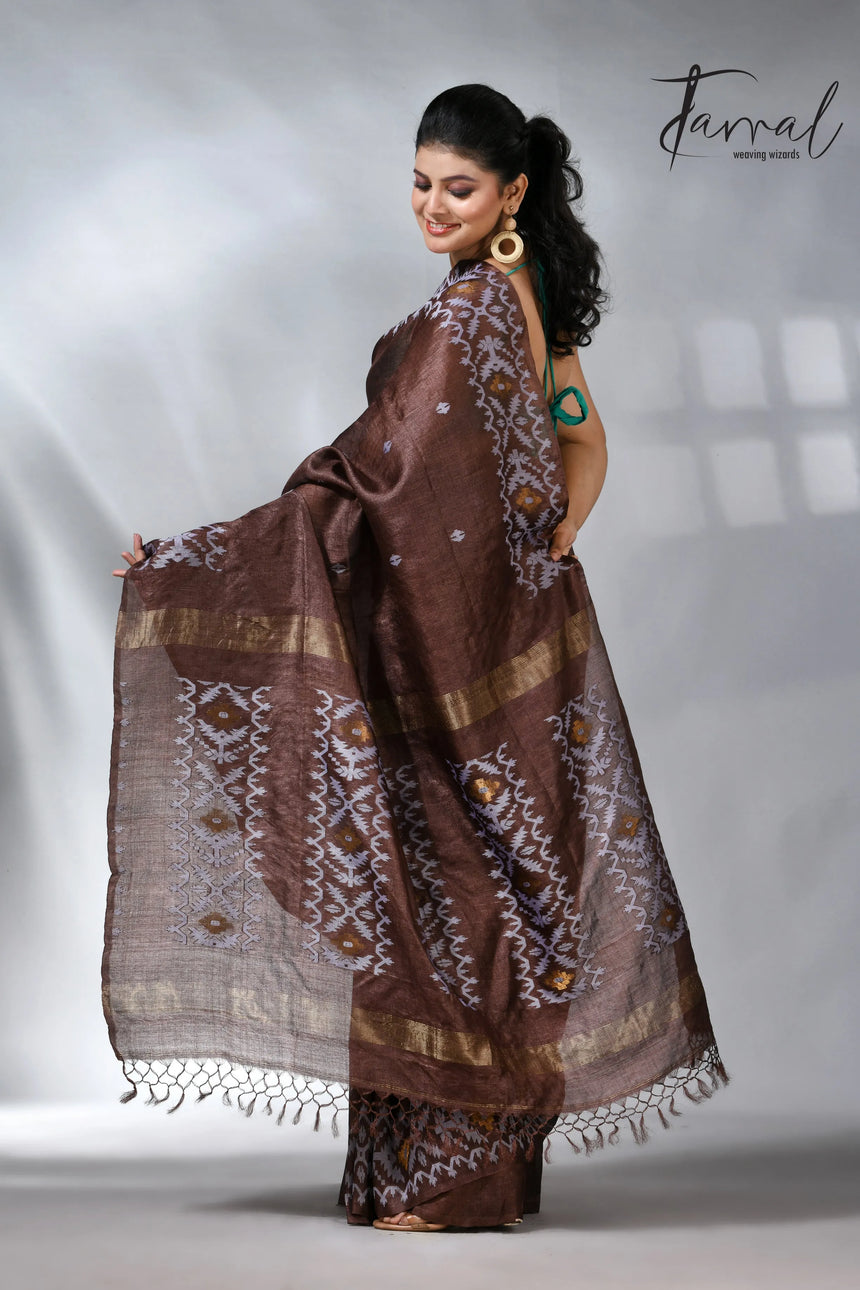 Chocolate with white Dhakai in tusser handwoven jamdani saree