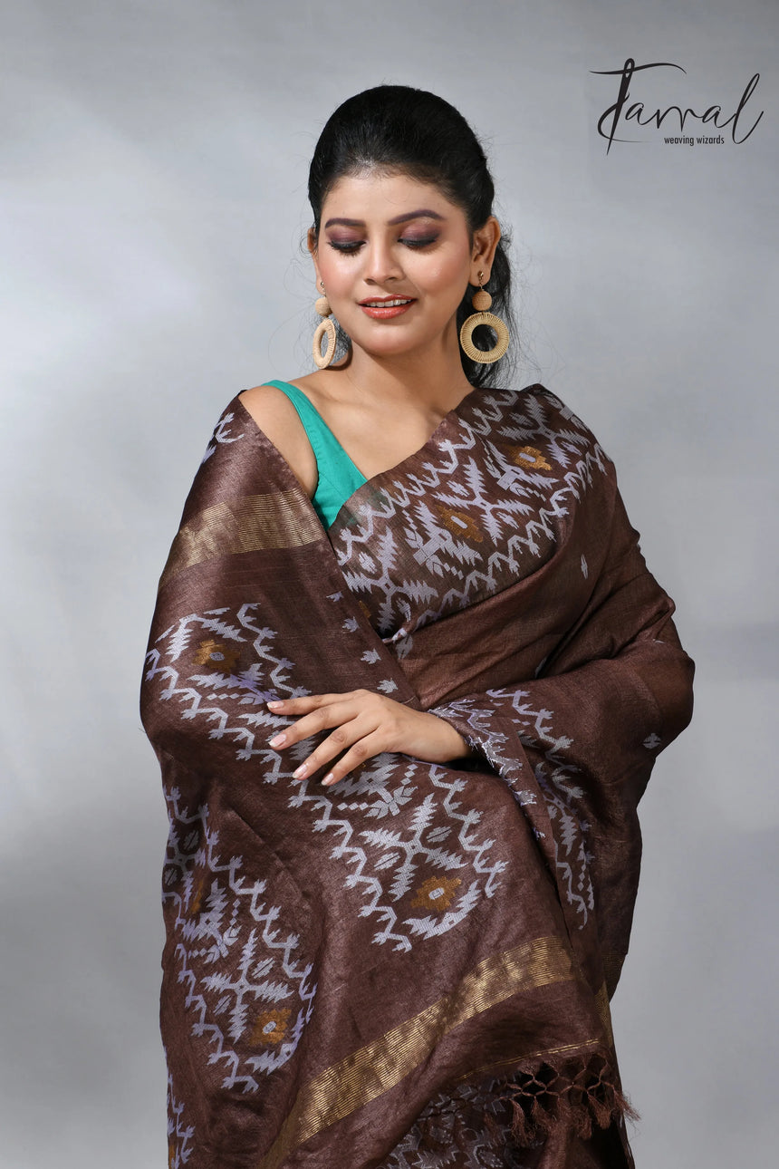 Chocolate with white Dhakai in tusser handwoven jamdani saree