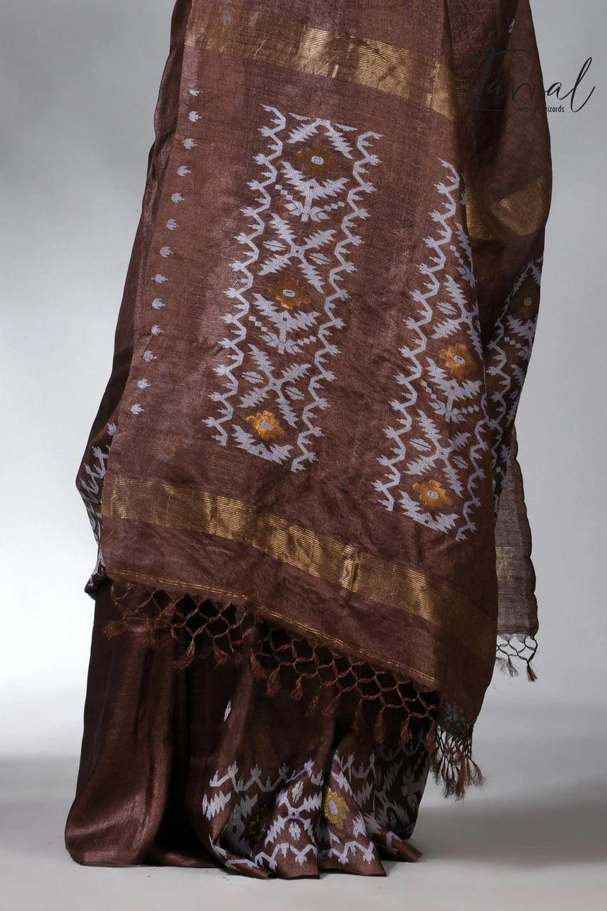 Chocolate with white Dhakai in tusser handwoven jamdani saree