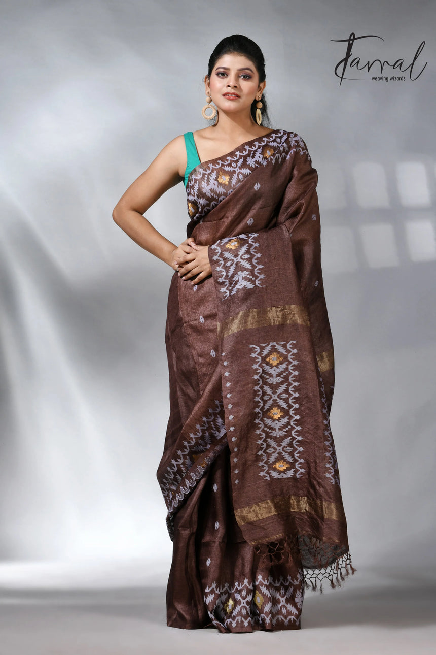 Chocolate with white Dhakai in tusser handwoven jamdani saree