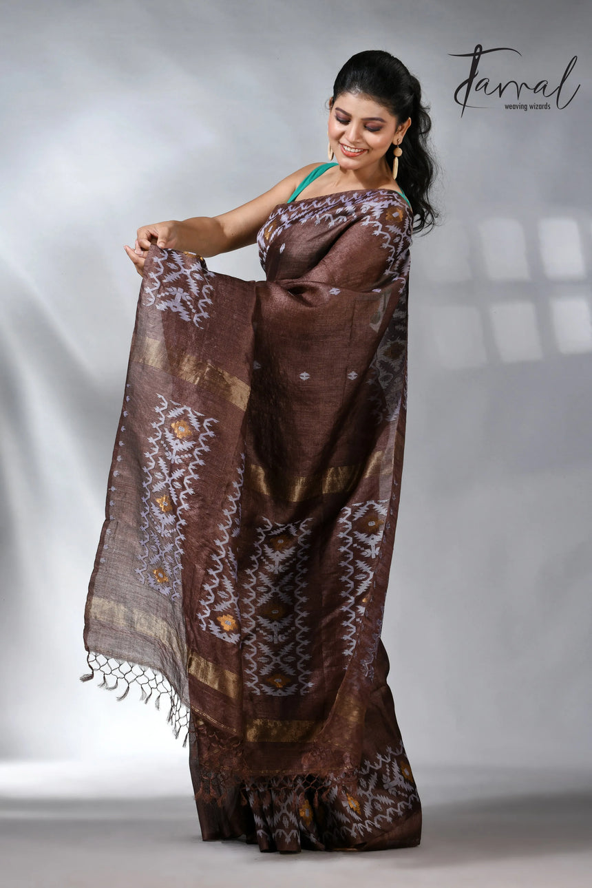 Chocolate with white Dhakai in tusser handwoven jamdani saree