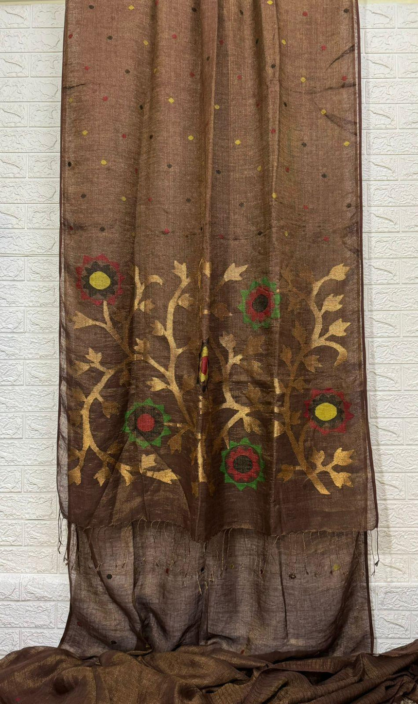 Chocolate Brown zari linen handwoven jamdani saree - Tamal Boutique