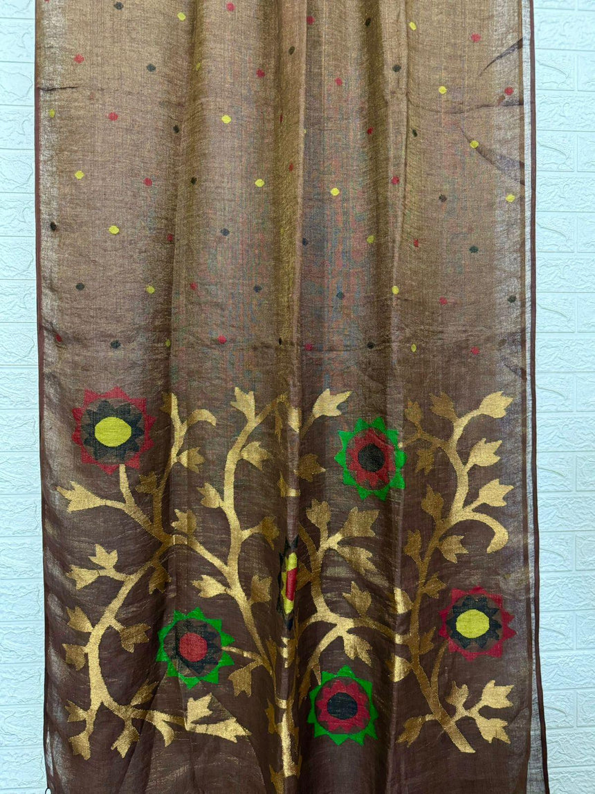 Chocolate Brown zari linen handwoven jamdani saree - Tamal Boutique