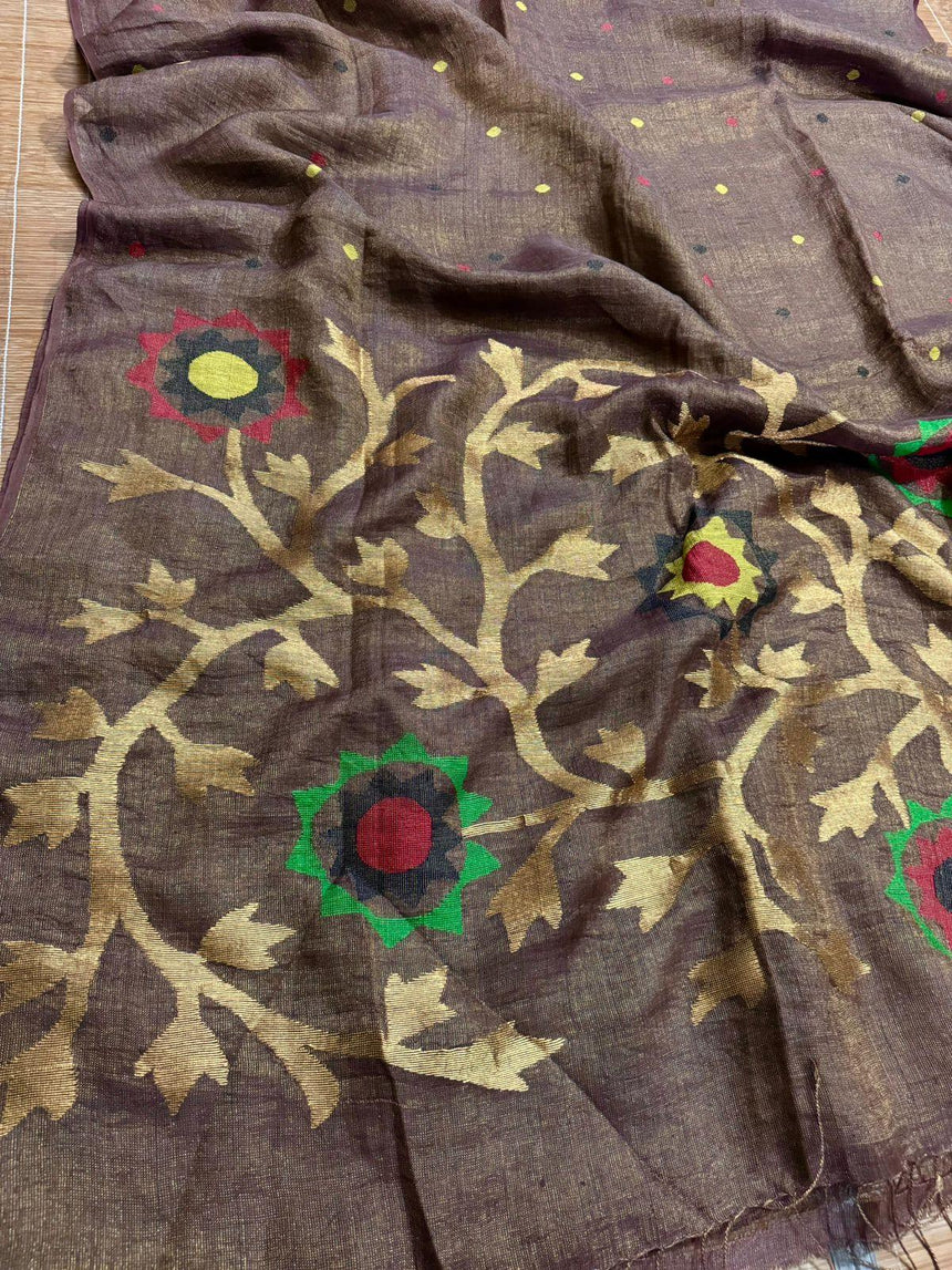 Chocolate Brown zari linen handwoven jamdani saree - Tamal Boutique