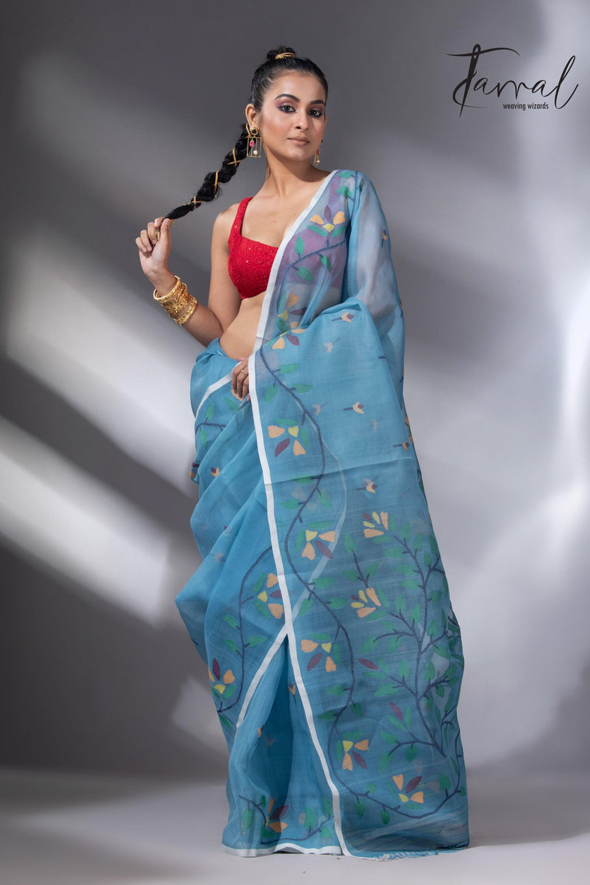 Cloudy blue with floral border muslin silk handwoven jamdani saree
