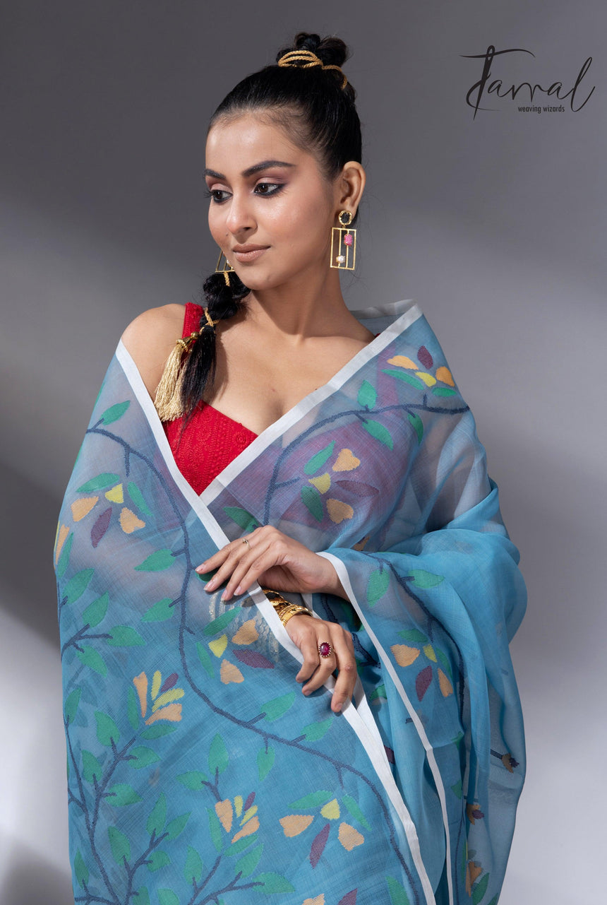 Cloudy blue with floral border muslin silk handwoven jamdani saree cl