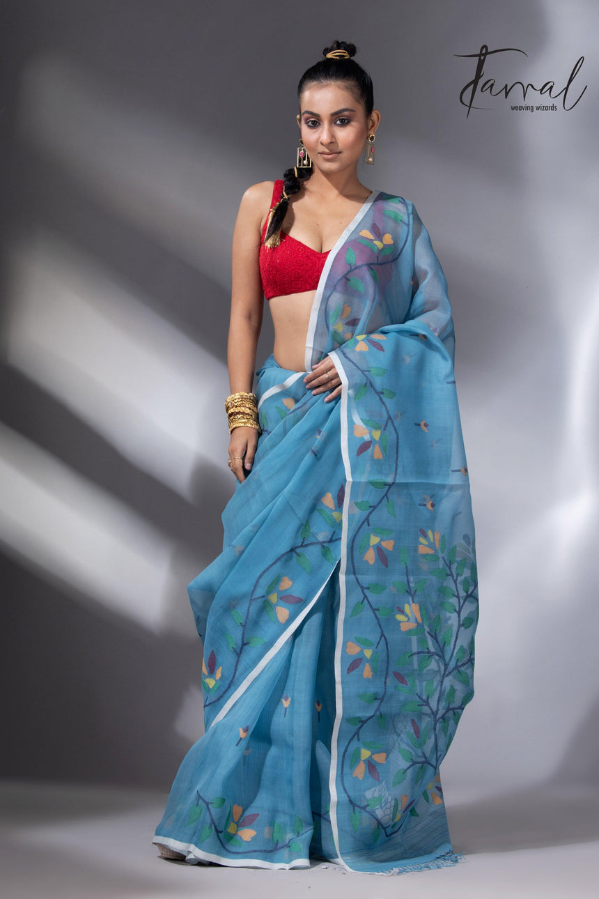 Cloudy blue with floral border muslin silk handwoven jamdani saree full
