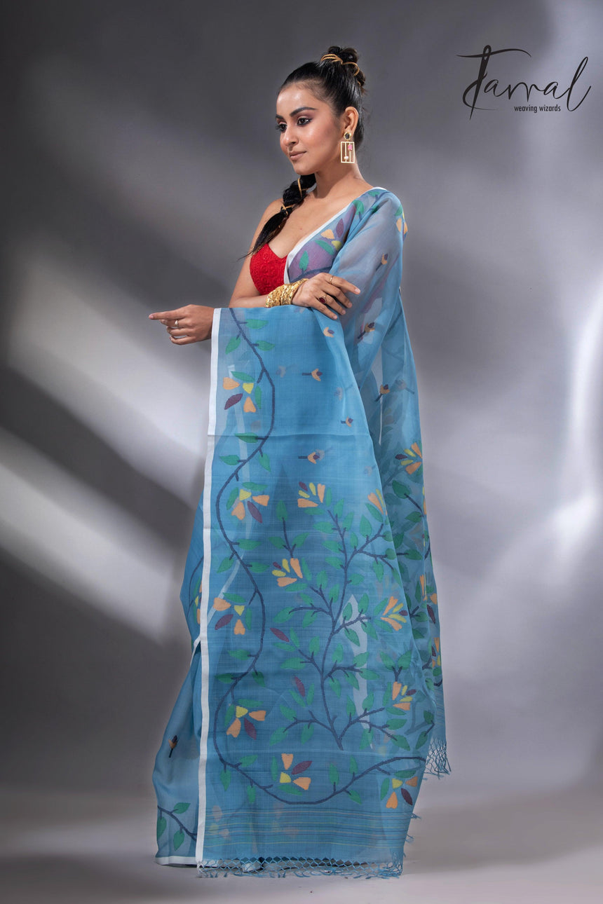 Cloudy blue with floral border muslin silk handwoven jamdani saree full3