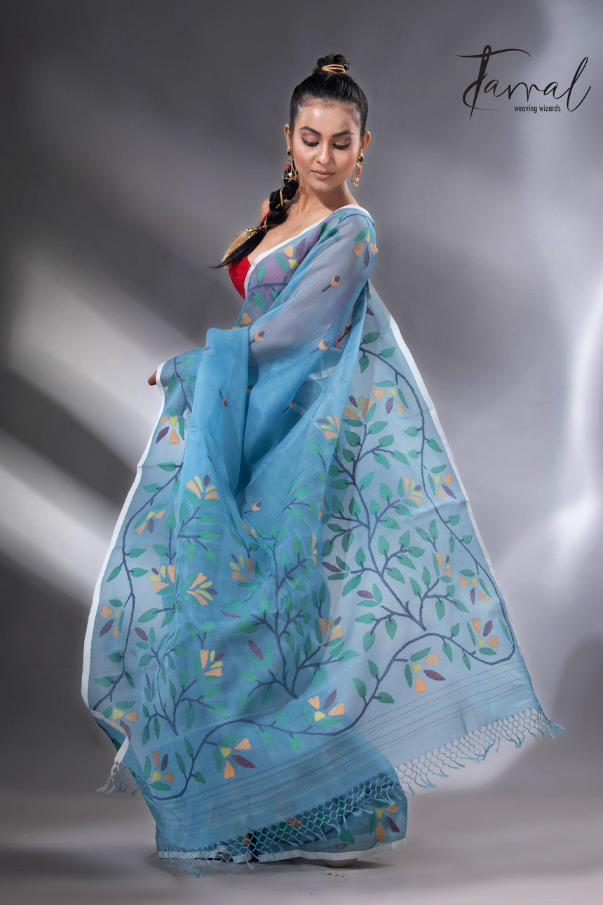 Cloudy blue with floral border muslin silk handwoven jamdani saree full4
