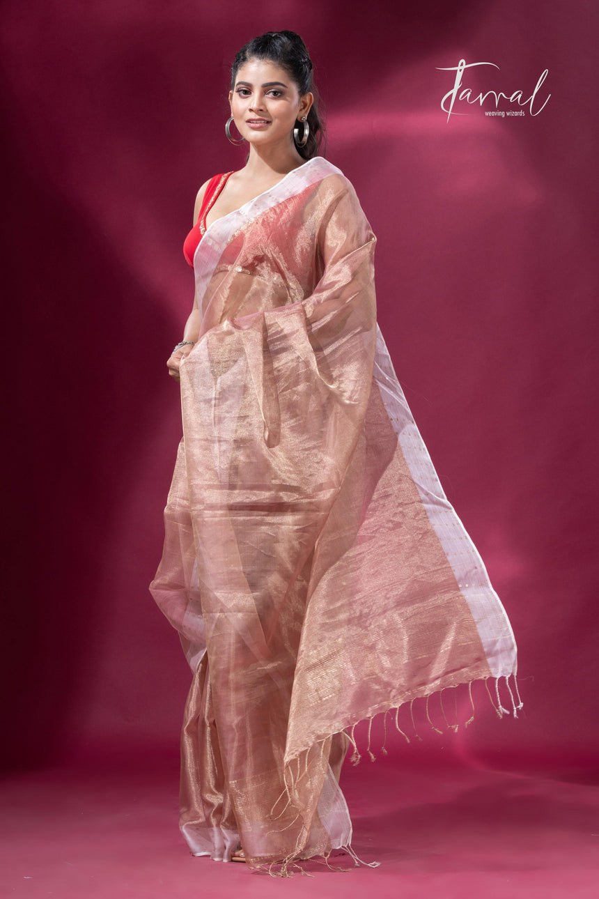 Copper gold white sequins border pure tissue silk sareefull4