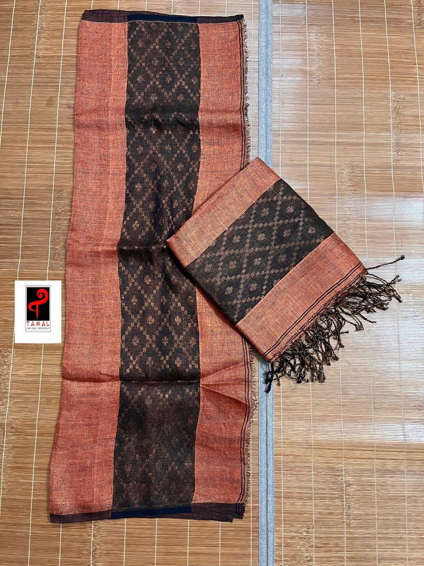 Copper with black zari linen kurti & dupatta set - Tamal Boutique