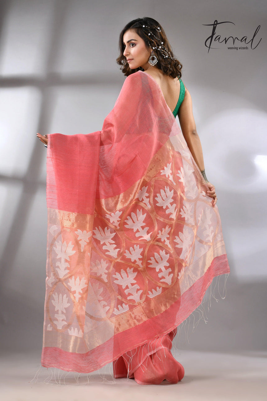 Coral Pink Handwoven Jamdani Saree with White & Golden Lotus Motif back