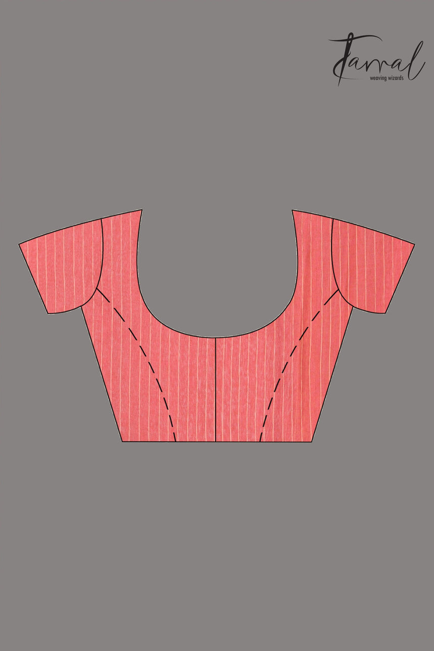 Coral Pink Handwoven Jamdani Saree with White & Golden Lotus Motif blouse