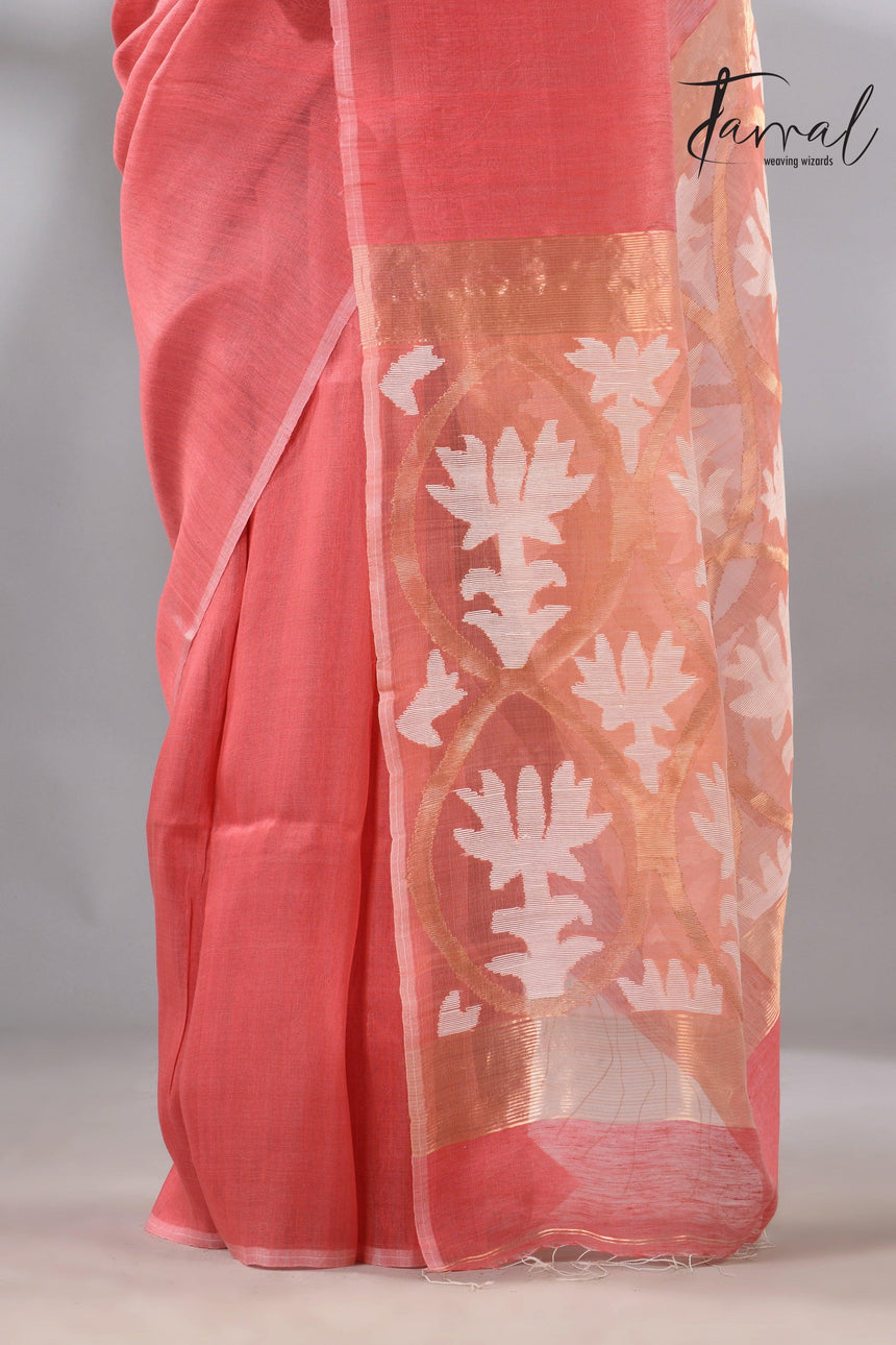 Coral Pink Handwoven Jamdani Saree with White & Golden Lotus Motif bottom