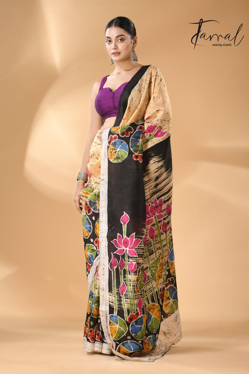 Cream Saree with Multi-Color Lotus Handcrafted Batik Silk Design