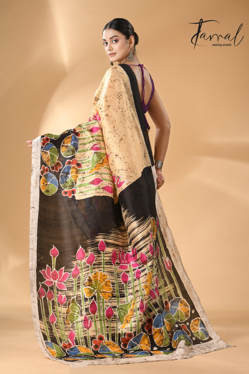 Cream Saree with Multi-Color Lotus Handcrafted Batik Silk Design back