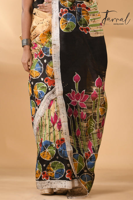 Cream Saree with Multi-Color Lotus Handcrafted Batik Silk Design bottom