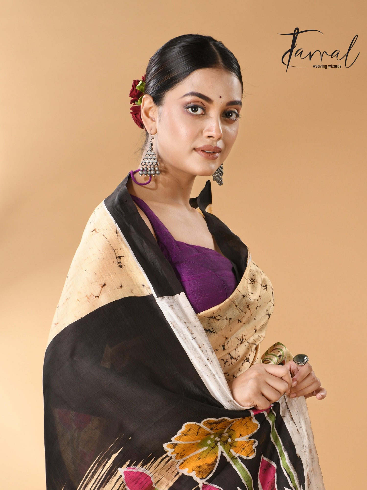 Cream Saree with Multi-Color Lotus Handcrafted Batik Silk Design cls