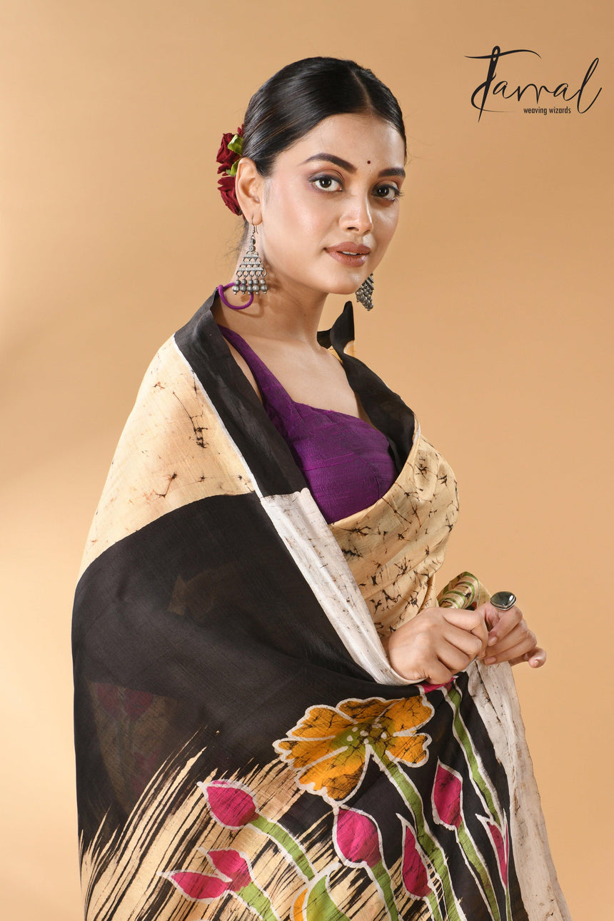 Cream Saree with Multi-Color Lotus Handcrafted Batik Silk Design cls