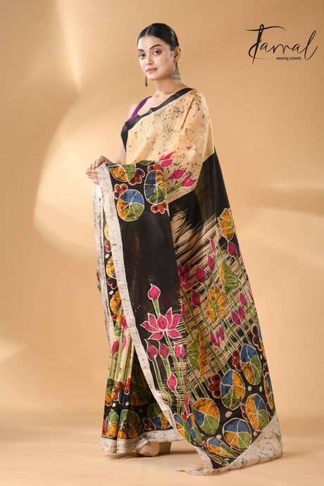 Cream Saree with Multi-Color Lotus Handcrafted Batik Silk Design left