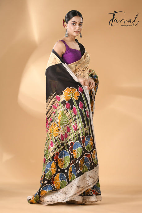 Cream Saree with Multi-Color Lotus Handcrafted Batik Silk Design right