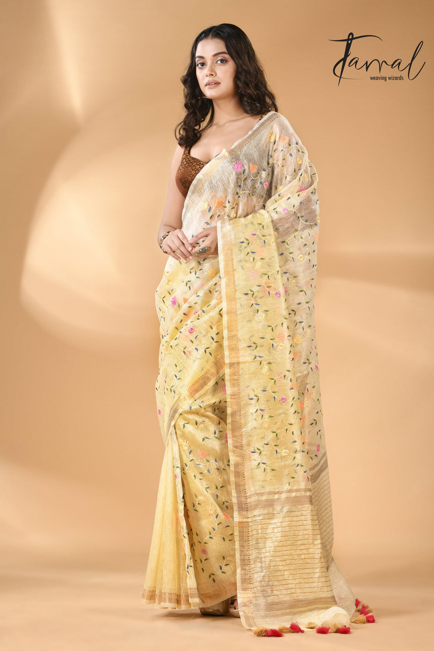 Cream Silk Linen Embroidered Handloom Saree with Zari Border