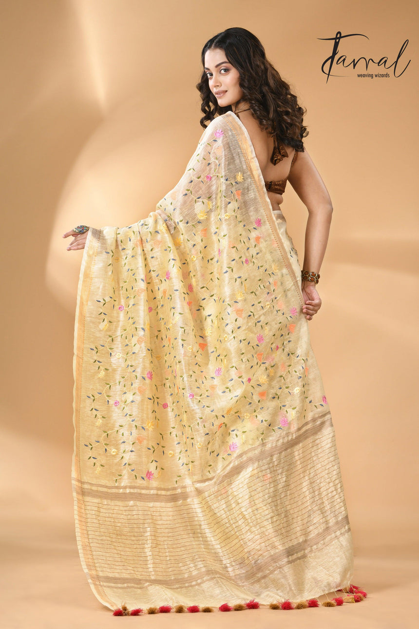 Cream Silk Linen Embroidered Handloom Saree with Zari Border back