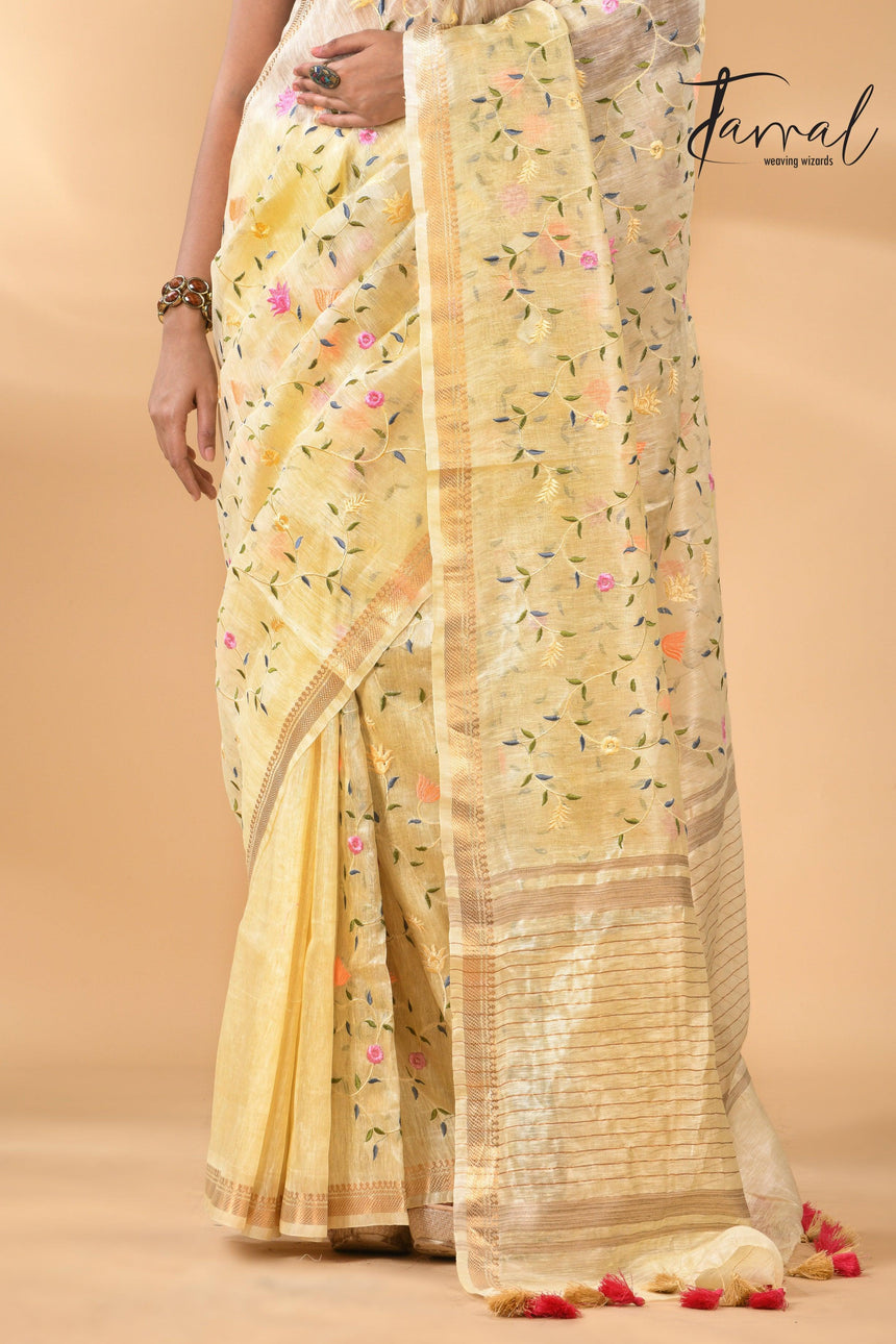 Cream Silk Linen Embroidered Handloom Saree with Zari Border bottom