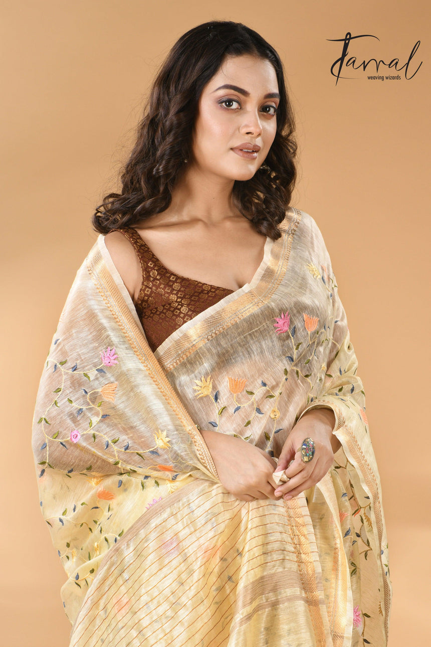 Cream Silk Linen Embroidered Handloom Saree with Zari Border cls
