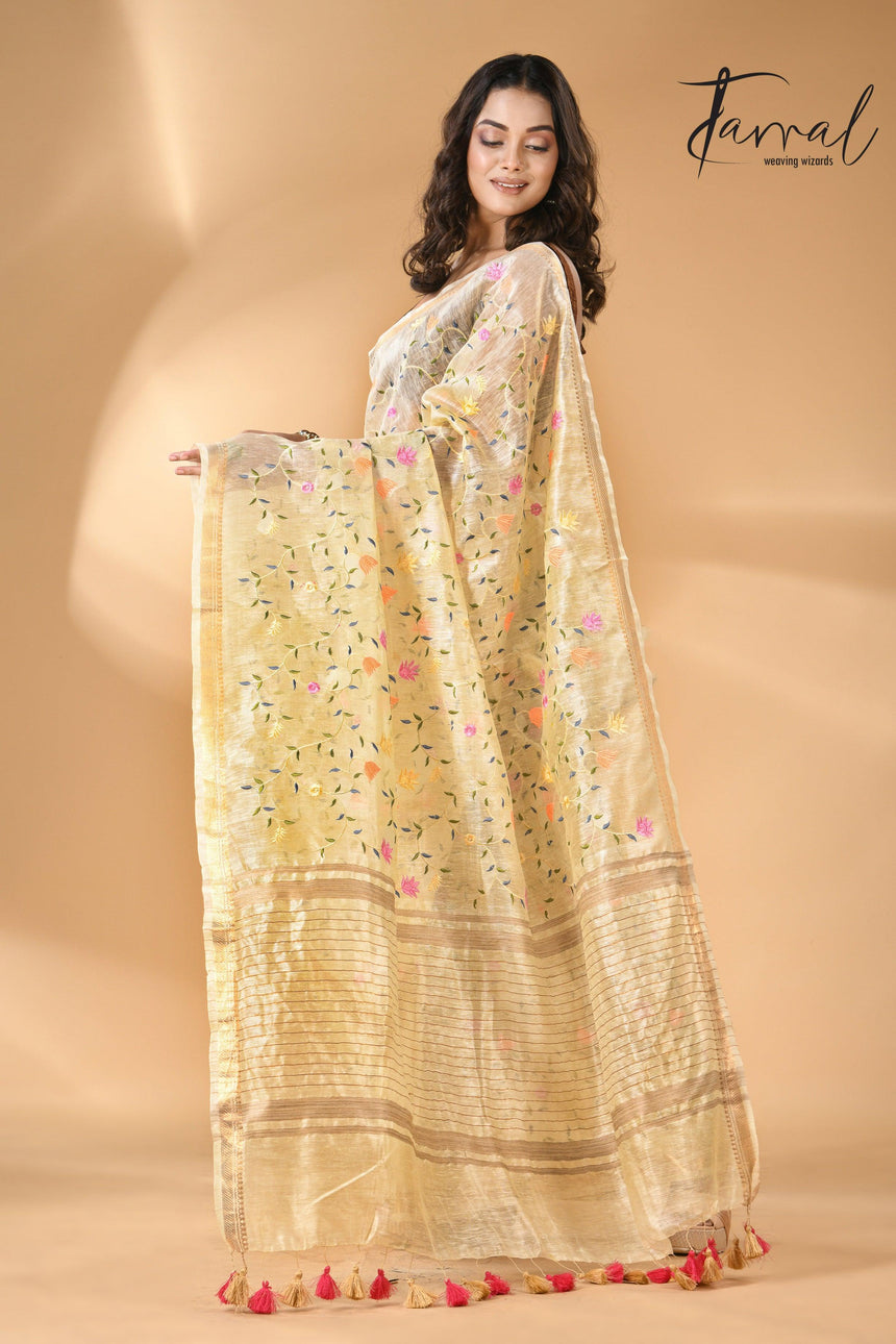 Cream Silk Linen Embroidered Handloom Saree with Zari Border full
