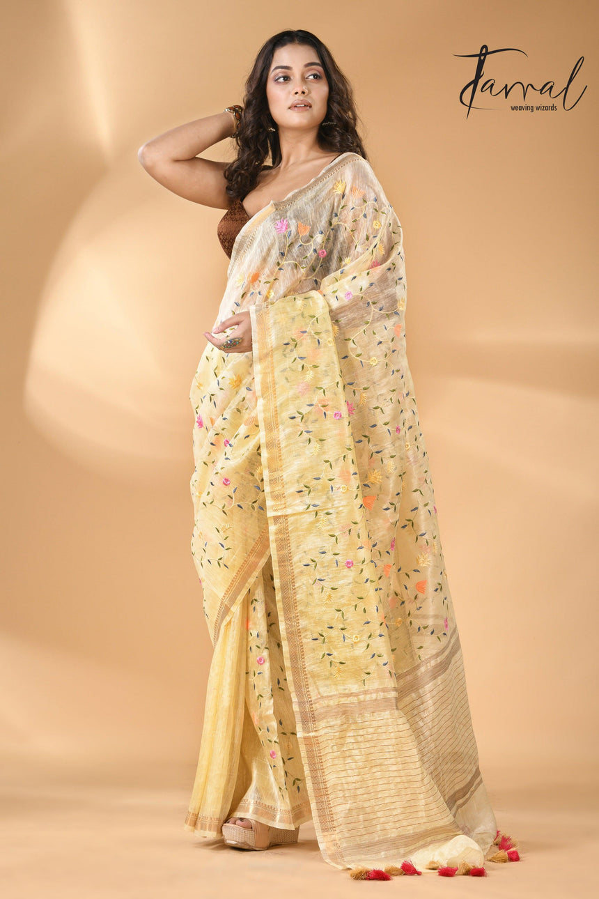 Cream Silk Linen Embroidered Handloom Saree with Zari Border full1