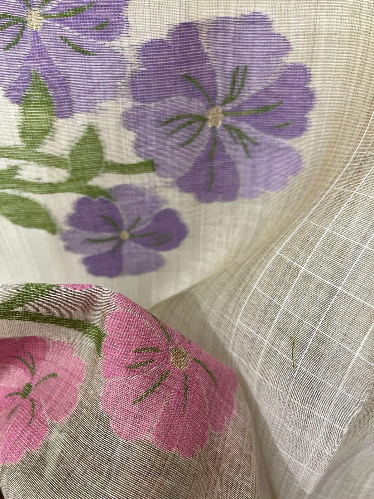 Cream colour with pink & purple floral handloom silk cotton jamdani saree - Tamal Boutique