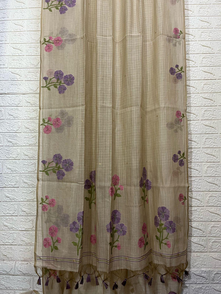 Cream colour with pink & purple floral handloom silk cotton jamdani saree - Tamal Boutique