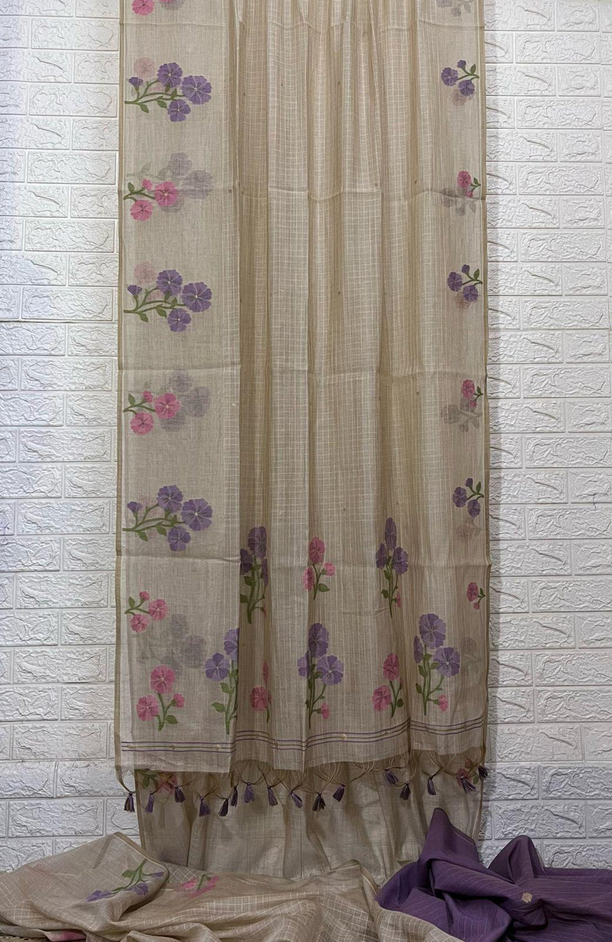 Cream colour with pink & purple floral handloom silk cotton jamdani saree - Tamal Boutique