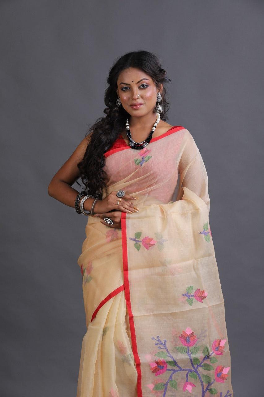 Cream with Red border multicolour floral motifs handwoven muslin silk jamdani saree - Tamal Boutique