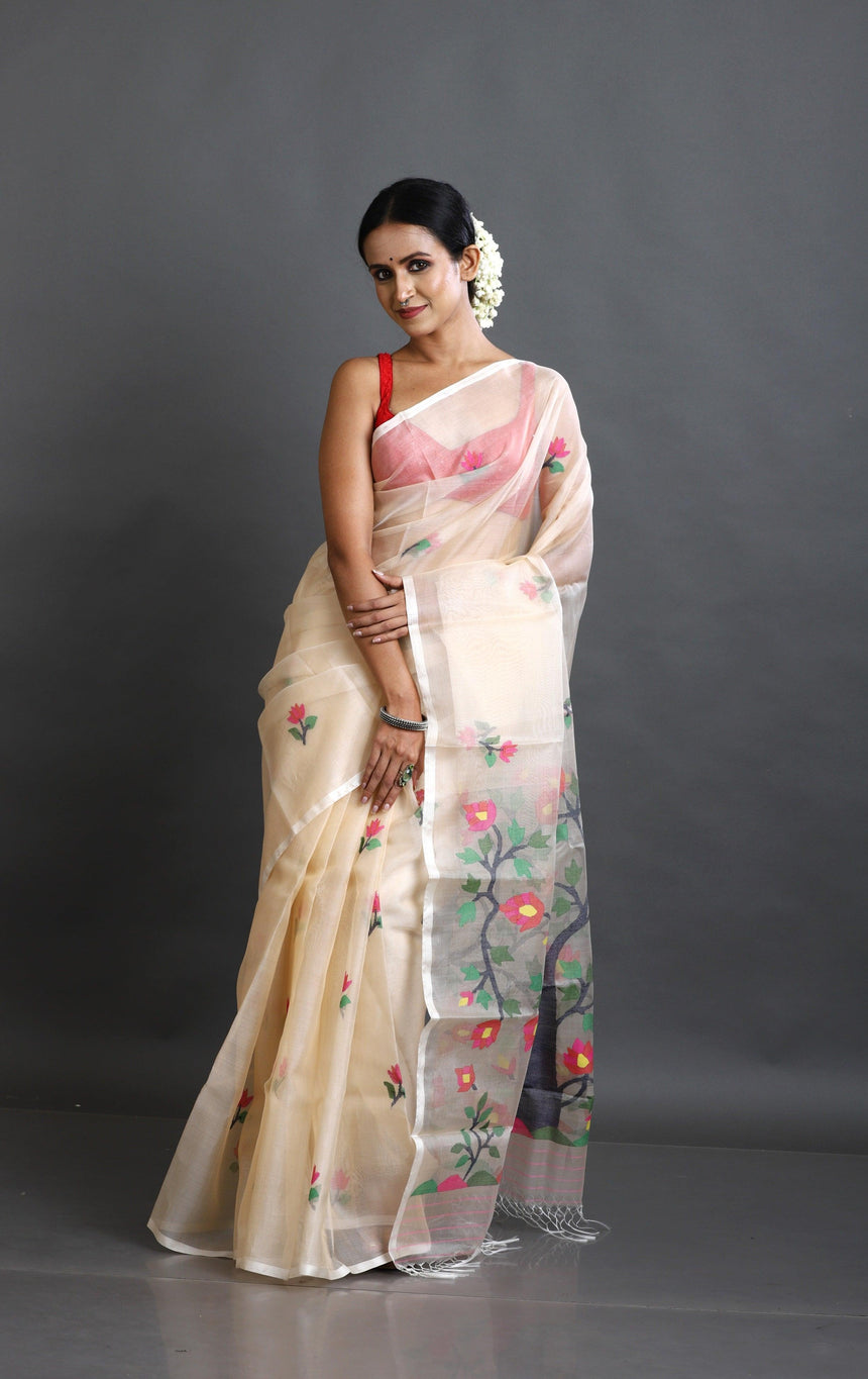 Cream with multi colour tree of life conceptual handwoven jamdani design in muslin silk saree - Tamal Boutique