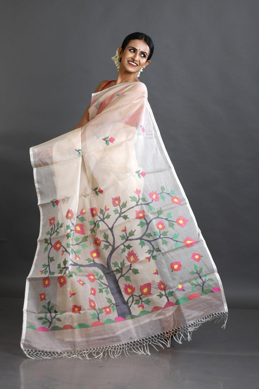Cream with multi colour tree of life conceptual handwoven jamdani design in muslin silk saree - Tamal Boutique