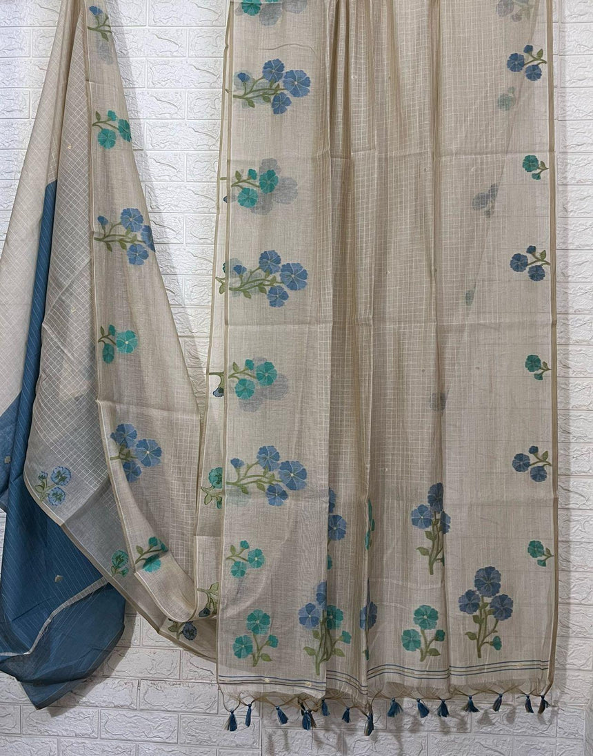 Cream colour with blue & firoza floral handloom silk cotton jamdani saree - Tamal Boutique