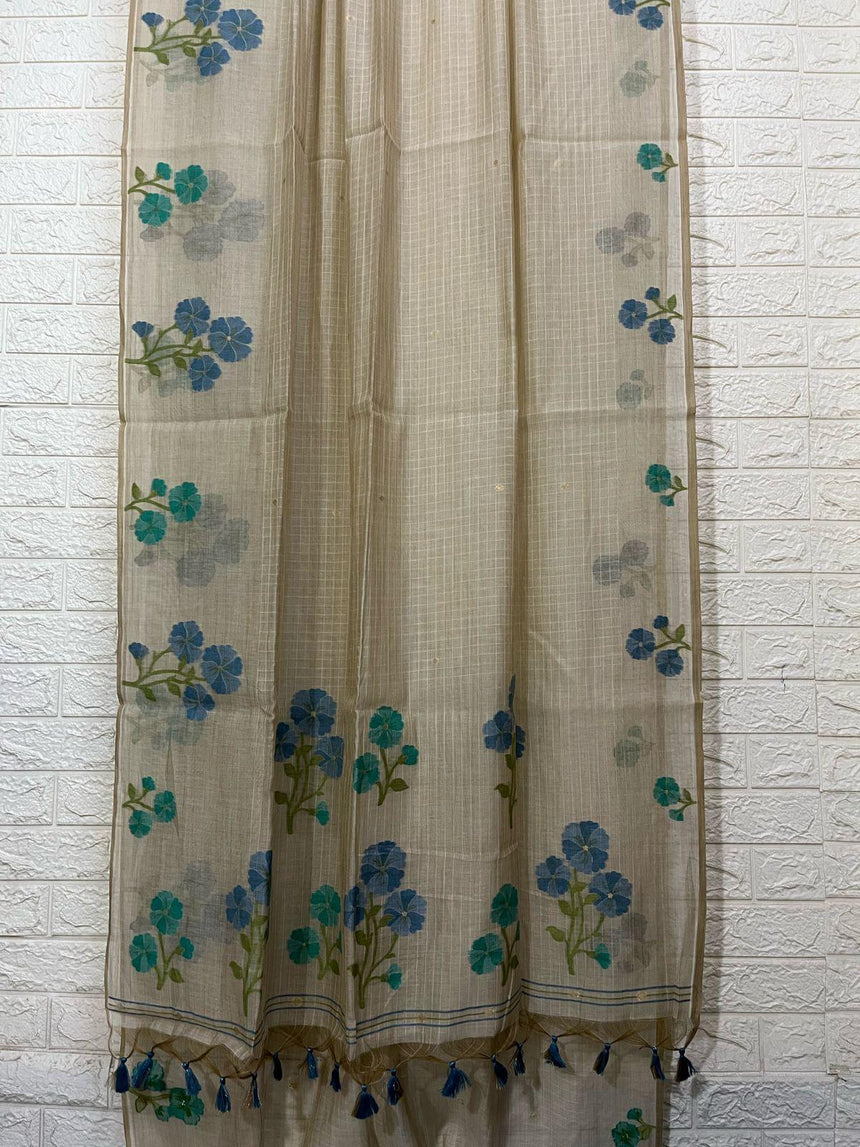 Cream colour with blue & firoza floral handloom silk cotton jamdani saree - Tamal Boutique