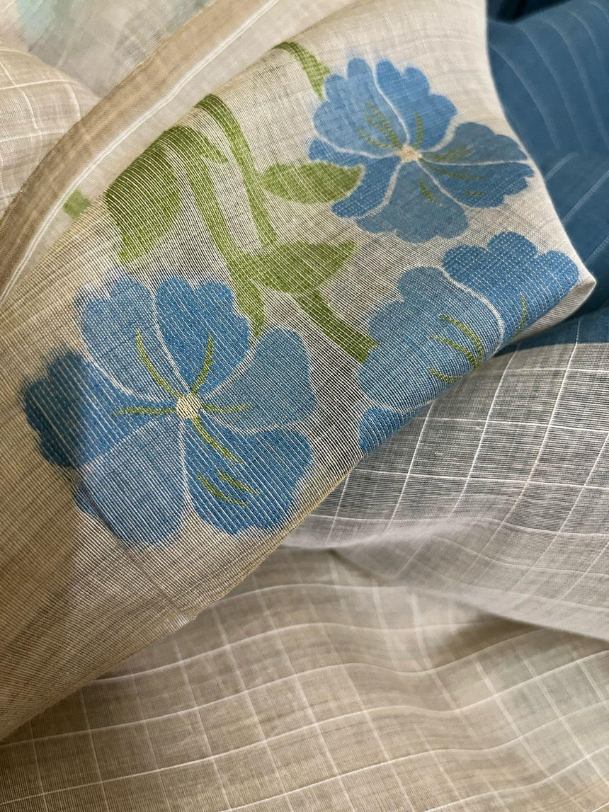 Cream colour with blue & firoza floral handloom silk cotton jamdani saree - Tamal Boutique