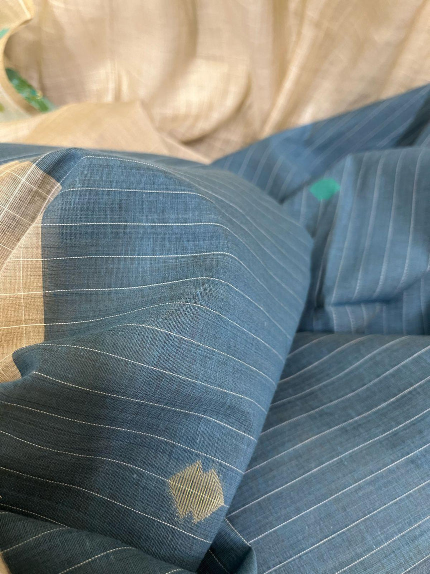 Cream colour with blue & firoza floral handloom silk cotton jamdani saree - Tamal Boutique