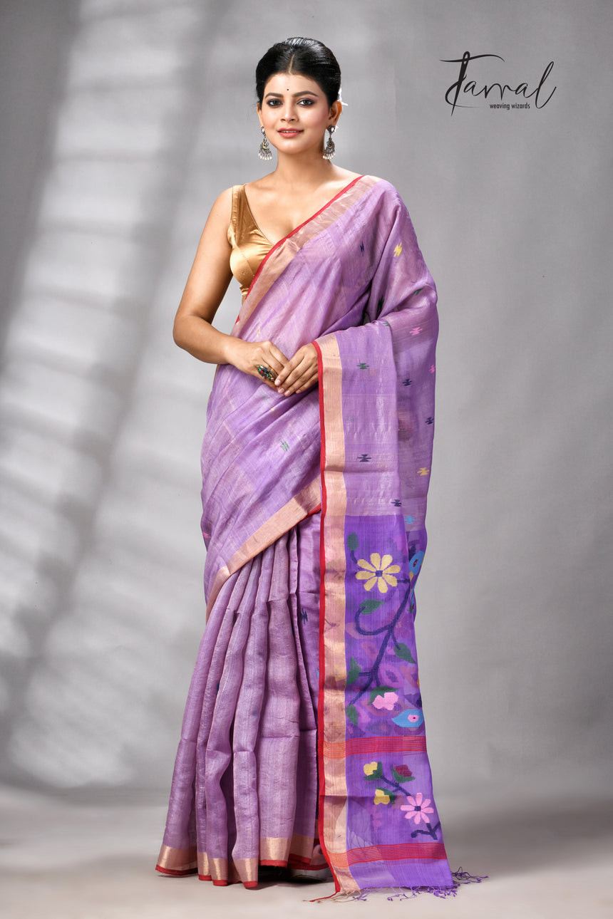 Lavender Peacock Design Pure Tussar Silk Handwoven Jamdani Saree
